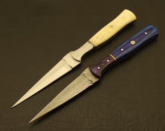 Hand Forged Damascus & D2 Steel Double Edge Boot Knife Set with Leather Sheath