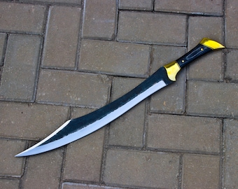 Hand Forged Carbon Steel Sword Knife, Horn Handle Brass Fittings, Leather Sheath, 19in Blade Falchion Style, Collectible Gift for Him
