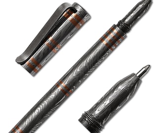 Handmade Damascus Steel Pen | Forged Blue Ink Ballpoint