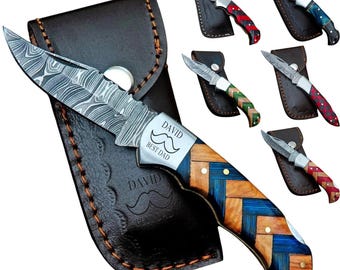 Damascus Steel Folding Pocket Knife, Pakka Wood Handle, Leather Sheath (6.5" Overall)