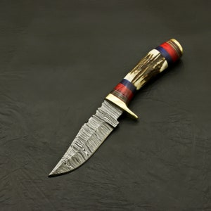 Top Handmade Damascus Steel Blade Custom Pakka Wood Hunting Skinner Knife With Sheath | Best Stag Horn Knife | Camping Knife | Best Gift