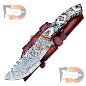 Custom Handmade Damascus Steel 10 Inches Tracker Knife - Perfect Grip Black Micarta Handle With Pure Leather Sheath | Camping | Best Gift