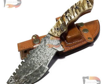 Handmade Damascus Steel Tracker Knife: 12" Hunting Camping Knife