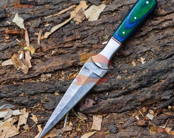 Hand Forged Damascus Steel Dagger: Rosewood Handle, Leather Sheath