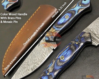 8.75" Handmade Damascus Steel Hunting Knife Blue Color Wood Handle |  Brass & Mosaic, | Leather Sheath, Unique Gift for Him, Camping Outdoor