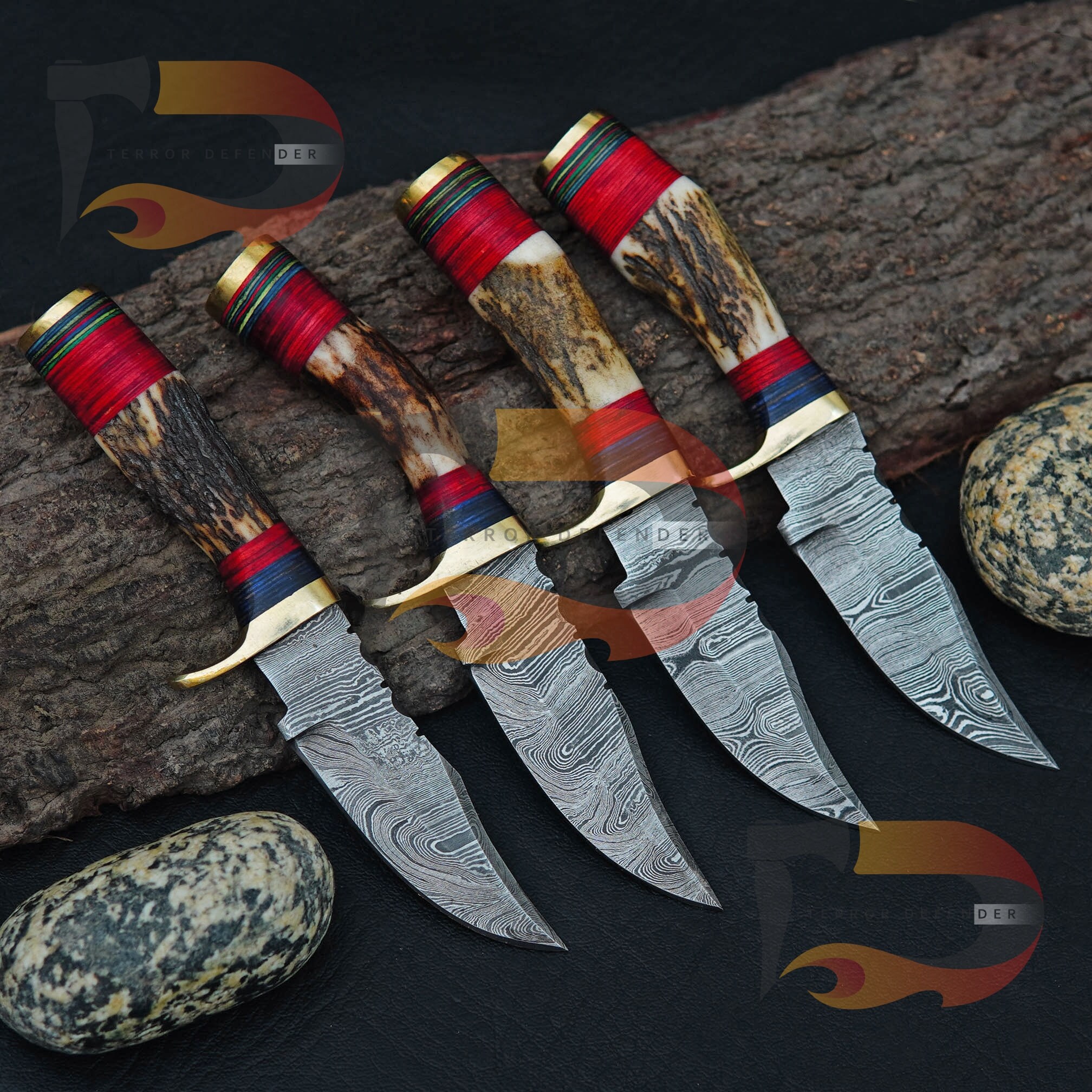 Lot De 20 Couteaux Damas Faits Main – Manche Corne D'impala, Pakistan