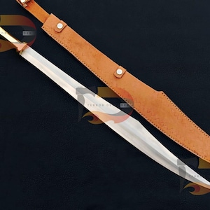 May include: A long, silver sword with a brass hilt and a brown leather scabbard. The sword is lying on a black surface.