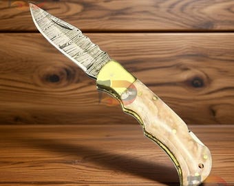 Custom Handmade Damascus Pocket  Knife With MOTHER OF PEARL Handle | Leather Sheath | Camping knife
