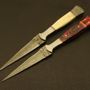Combo of 2: Hand Forged Damascus Steel Hunting Double Edge  Boot Knife with leather sheath