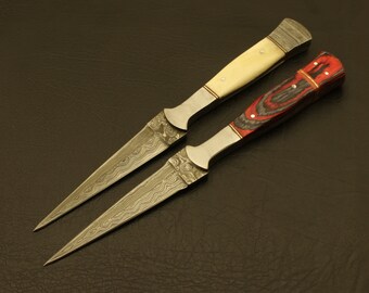 Hand Forged Damascus Steel Boot Knife Set with Leather Sheaths