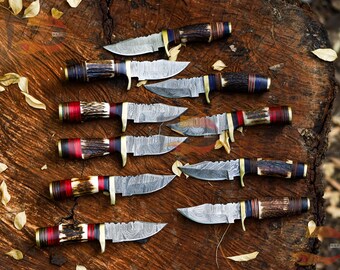 Handmade Damascus Steel Hunting Knife: Stag Horn Handle, Leather Sheath