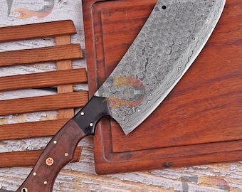 Hand-Forged Damascus Cleaver | Rosewood Handle, Leather Sheath Included, Chef Knife