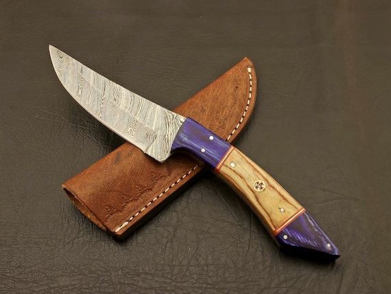 Handmade Damascus Steel Knife | Pakka Wood Rosewood Handle | Leather Sheath | Custom Engraving | Groomsmen Gift | 10 Inch Collector Knife