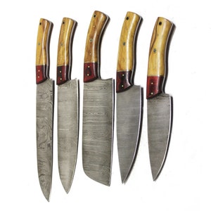 Handmade Damascus Chef Set Of 5 With Leather Sheath | Customize Your Personal Handle
