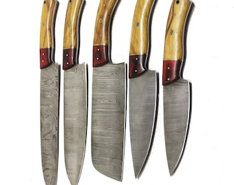 Handmade Damascus Chef Set Of 5 With Leather Sheath | Customize Your Personal Handle