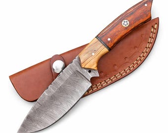Damascus Steel Hunting Knife – 9” Handmade Fixed Blade Skinning Knife with Wood Handle & Leather Sheath Camping, Hunting | Outdoor Knife