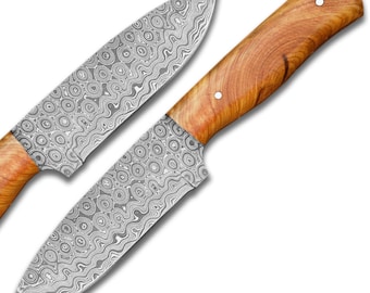 Handmade Damascus Steel Knife | Raindrop Pattern | Olive Wood Handle | Full Tang | Leather Sheath | Outdoor Camping Knife | Gift for Him