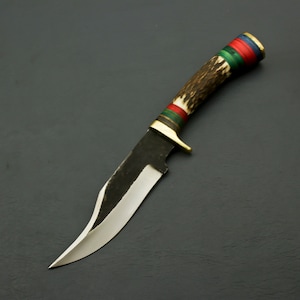 Handmade Carbon Steel Hunting Knife: Stag Horn Handle, Leather Sheath