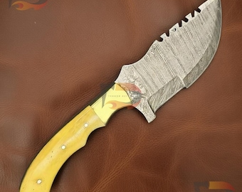Handmade Damascus Steel Tracker Knife 10 Inch – Buffalo Bone & Brass Handle with Leather Sheath
