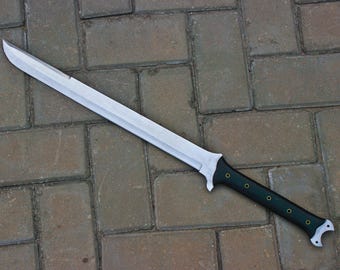 Custom Hand Forged Full Tang Machete Sword, Black G10 Handle with Brass Pins, 17in Blade Bowie Style, Outdoor Camping Bushcraft Gift