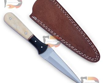 Hand Forged Stainless Steel Hunting Dagger: Bull Horn Handle, Leather Sheath