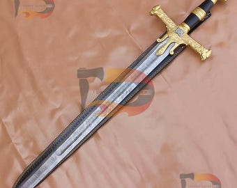 手作りのダマスカス鋼剣：中世のダビデ王のレプリカ、革製の鞘 - Etsy 日本