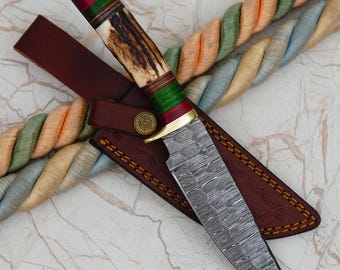 Hand Forged Damascus Steel Hunting Knife: Stag Horn Handle, Leather Sheath
