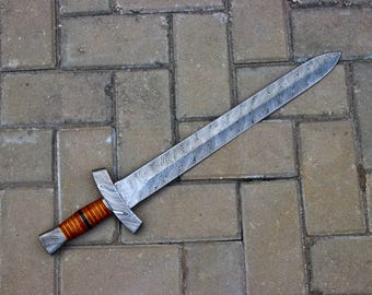 Hand Forged Damascus Steel Sword, Wood Resin Handle with Damascus Cross guard, 18in Blade Knight Sword, Collectible Gift for Him
