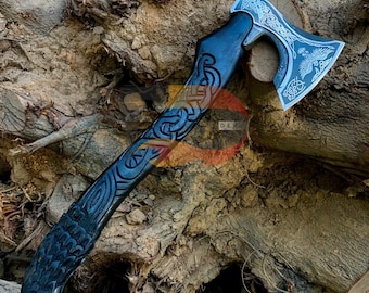 Handmade Raven Viking Axe | Celtic Knotwork Engraved Blade & Handle | Carbon Steel | Norse Mythology | Collector Piece