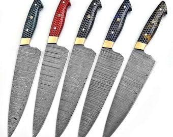 Custom Handmade Damascus Steel Chef Knife | 9" Blade | Honeycomb Resin Handle | Kitchen Knife with Leather Sheath | Custom Cook Knife Gift