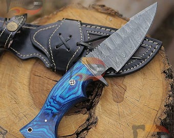 Handmade Damascus Steel Hunting Knife: USA Forged Bobcat Knife, Leather Sheath