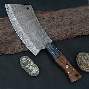 Handmade Damascus Butcher Knife: Forged Cleaver with Leather Sheath