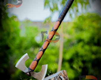 Handmade Double Bit Axe: Hand Forged Collectible with Leather Wrap