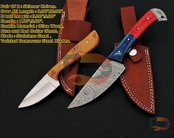 Handmade Damascus & Stainless Steel Skinner Knife Set with Leather Sheath