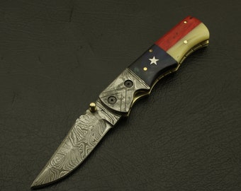 Handmade Damascus Steel Folding Pocket Knife:  Handle, Leather Sheath
