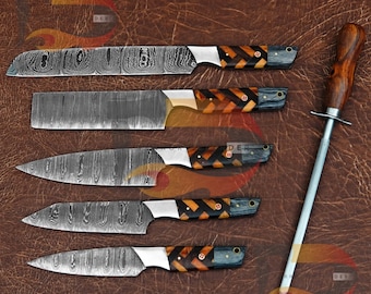 Handmade Damascus Chef Knife Set, Wood Handle, Personalized Gift