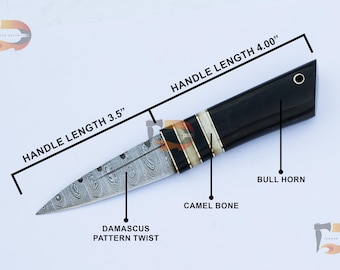 Handmade Damascus Steel Sgian Dubh: Celtic Dirk Knife with Camel Bone & Bull Horn Handle