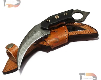 Cuchillo Karambit de acero de Damasco hecho a mano con funda de cuero
