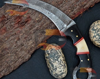 Handmade Damascus Karambit Knife: Buffalo Horn & Camel  Handle, Leather Sheath