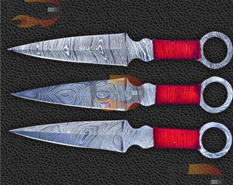 Handmade Damascus Steel Throwing Knife Set | Ring Grip, 6-Inch Blades