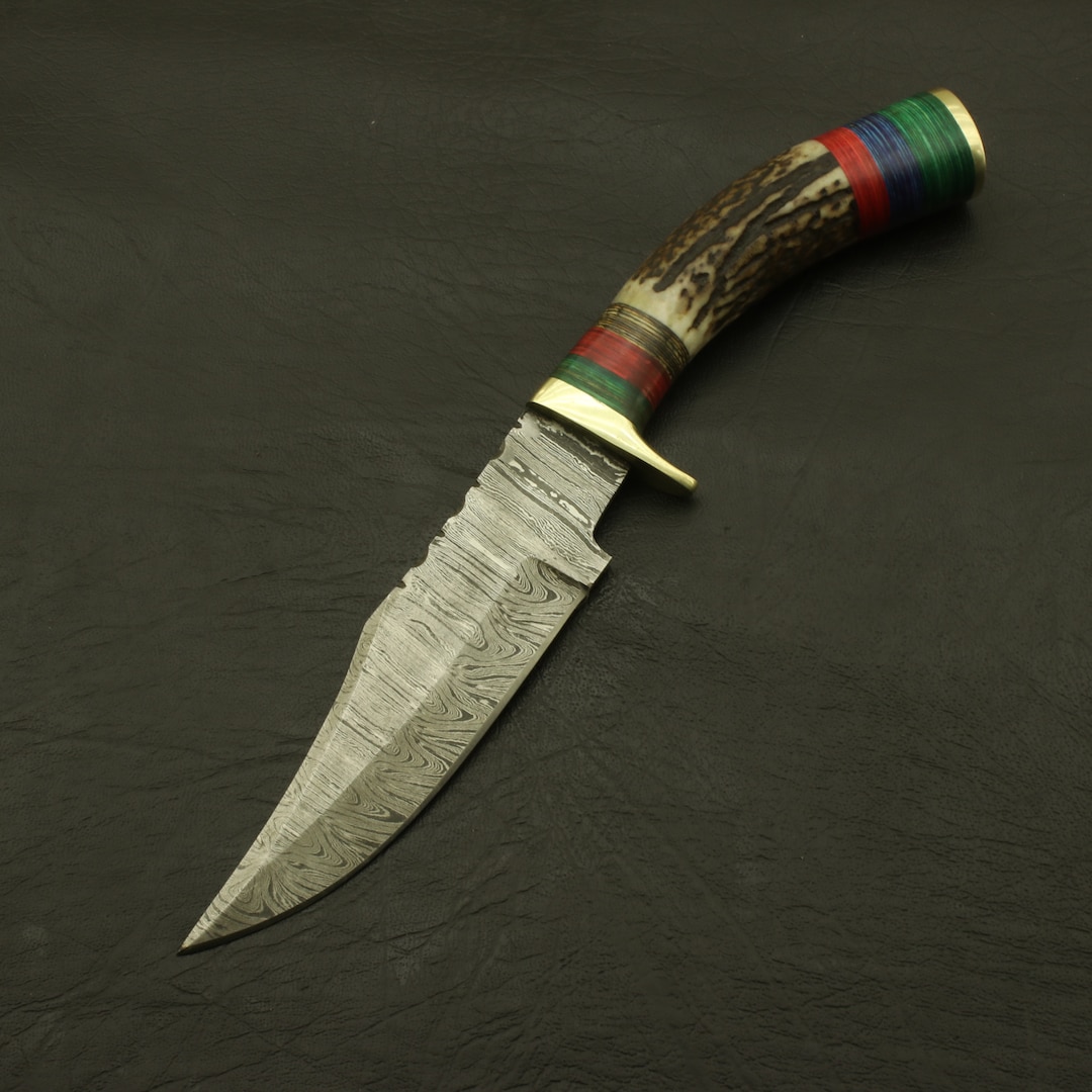Handcrafted Damascus Steel Deer Skinning Knife with Antler Handle