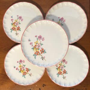 Vintage Rare WS George Pottery Company 5 Bolero Styled Plates Red Yellow Pink Dogwood Blossoms Red Trim Made in the USA