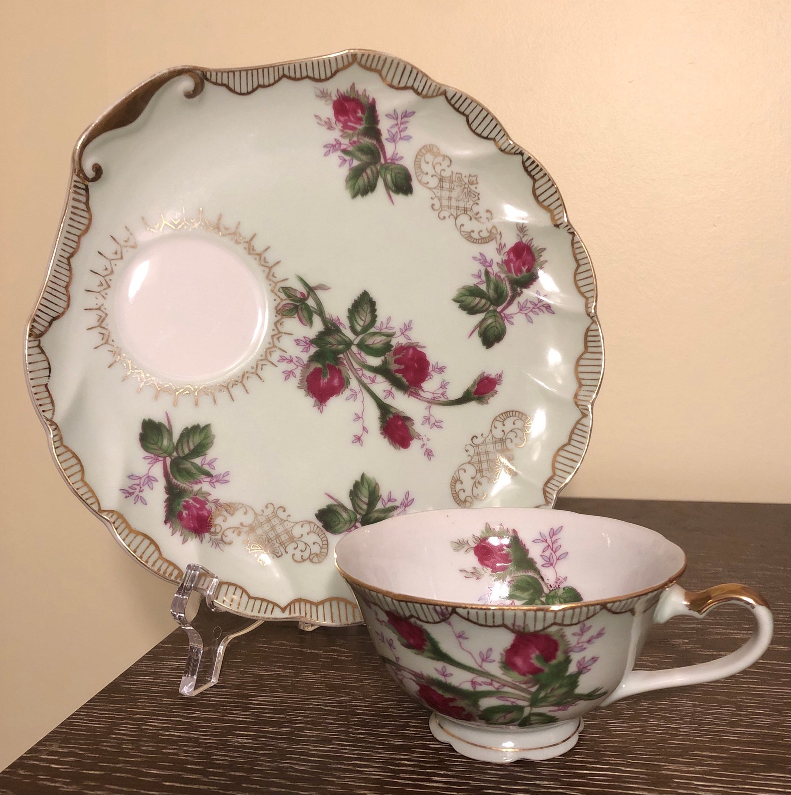 Antique Lefton China Hand Painted Tea Cup and Snack Plate Rare 1950's