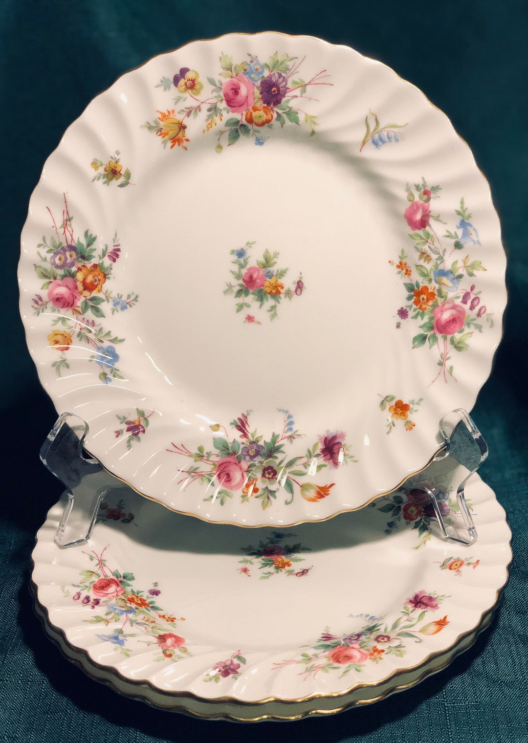 Minton China England Marlow Salad Plates Pink Blue Green Floral With Gold Trim Set of 3 Etsy