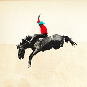 May include: An illustration of a rodeo scene. A cowboy in a red shirt and blue hat rides a bucking bronco. The image is in black and white with pops of color, set against a beige background.