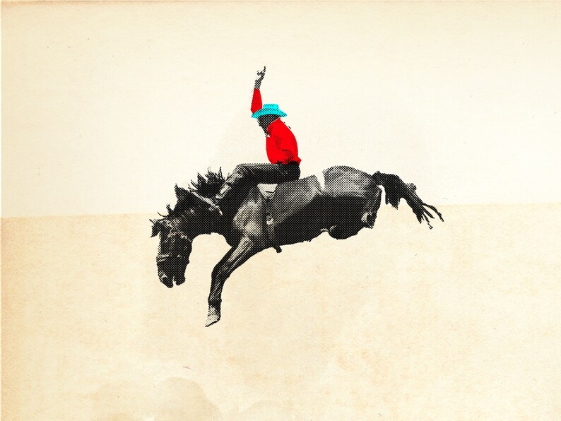 May include: An illustration of a rodeo scene. A cowboy in a red shirt and blue hat rides a bucking bronco. The image is in black and white with pops of color, set against a beige background.