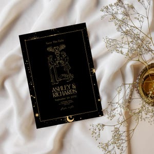 Carta del Tarot de los Enamorados: Reserva la fecha / Invitación de boda de brujas personalizada / PDF imprimible