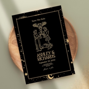 Mystic Save the Date met Lovers Tarot | Gepersonaliseerde Celestial-trouwkaart downloaden