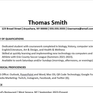 May include: A black and white resume with the name Thomas Smith at the top. The resume lists contact information, a summary of qualifications, technological proficiencies, and experience.