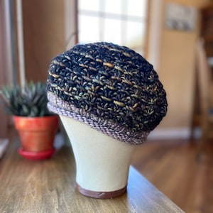 100% Merino Wool Hand Knit Beret, Head Sizes 21-23&quot;, Ultra Soft Hat in Black and Neutral, Machine Washable Yarn, Ethically Sourced Wool